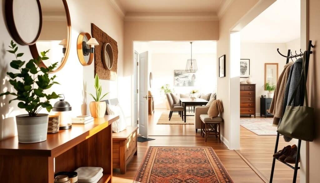 A cozy entryway for a home without a dedicated foyer, showcasing smart solutions like a narrow console table with decorative items, a stylish coat rack, and a small bench for shoes and bags. The foreground features a warm wooden console with a potted plant and a lantern, while the middle ground includes a sleek coat rack and an inviting rug, all bathed in soft, natural sunlight. The background reveals an open living space, airy and welcoming, with bright walls and minimalistic decor. Capture the essence of warmth and personalization, with an emphasis on maintenance ease and functional design. Use a wide-angle lens to enhance depth and create an inviting atmosphere.