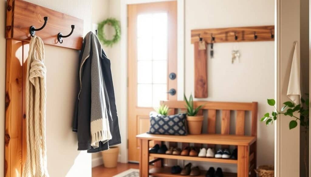A cozy entryway scene featuring budget-friendly DIY wooden projects. In the foreground, a handmade wooden coat rack with hooks, crafted from reclaimed wood, showcases a few stylish jackets and a knitted scarf. The middle ground features a rustic wooden shoe bench adorned with potted plants, add a welcoming touch. Behind the bench, a wooden sign with decorative hooks displays a collection of keys. The background presents a softly lit doorway, with bright natural light streaming in from the outside, emphasizing the warm wood tones. Soft sunlight casts gentle shadows, creating a serene atmosphere. The scene is airy and well-lit, evoking a sense of comfort and home.