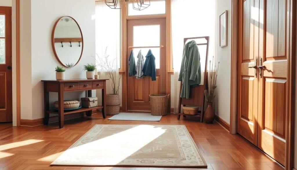 A cozy entryway showcasing elegant wood elements, featuring a walnut console table adorned with a small potted plant and a stylish mirror above it. In the foreground, a soft area rug in warm tones complements the rich wooden flooring. The middle space reveals a wooden coat rack with a few casual jackets hanging, and a woven basket for shoes. In the background, large windows permit bright, natural light to pour in, illuminating the scene with a gentle softness. A bright, airy atmosphere prevails, enhanced by soft sunlight filtering through sheer curtains. The overall mood is inviting and relaxed, perfect for a home that embraces warmth and comfort through its wood accents.