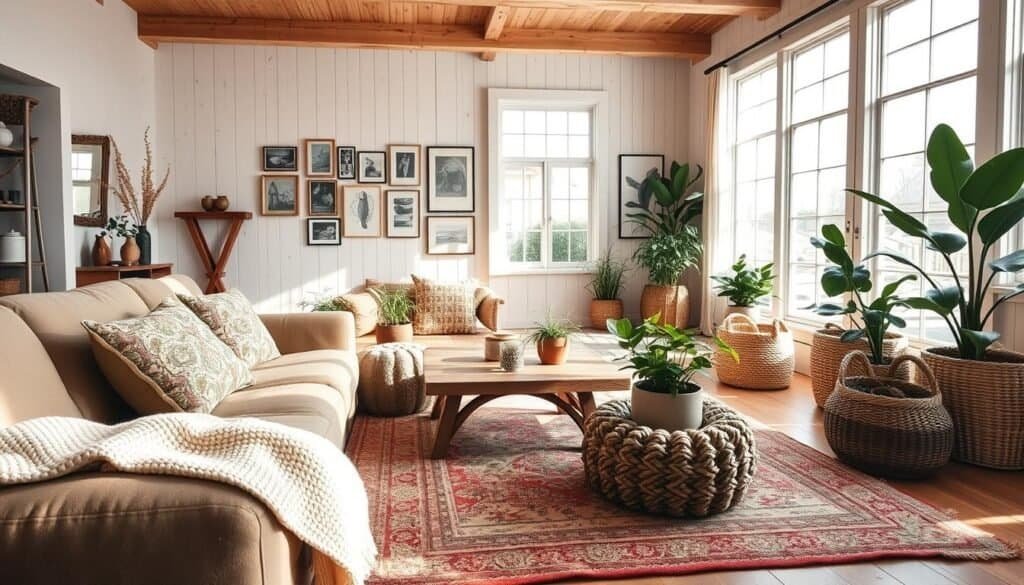 A cozy farmhouse-boho blend living room featuring a harmonious mix of rustic and eclectic elements. In the foreground, a plush, oversized couch adorned with patterned throw pillows and a soft woven blanket invites relaxation. The middle ground showcases a reclaimed wood coffee table surrounded by poufs and a vintage area rug that adds warmth. Lush indoor plants sit in woven baskets, enhancing the bohemian vibe. The background features large windows allowing bright, natural light to flood the space, illuminating light wood beams and a gallery wall of framed art. The atmosphere is airy and inviting, with soft sunlight casting gentle shadows, creating a serene and comfortable flow. Shot with a wide-angle lens to capture the entire scene, emphasizing the blend of textures and styles in this tranquil living room setting.