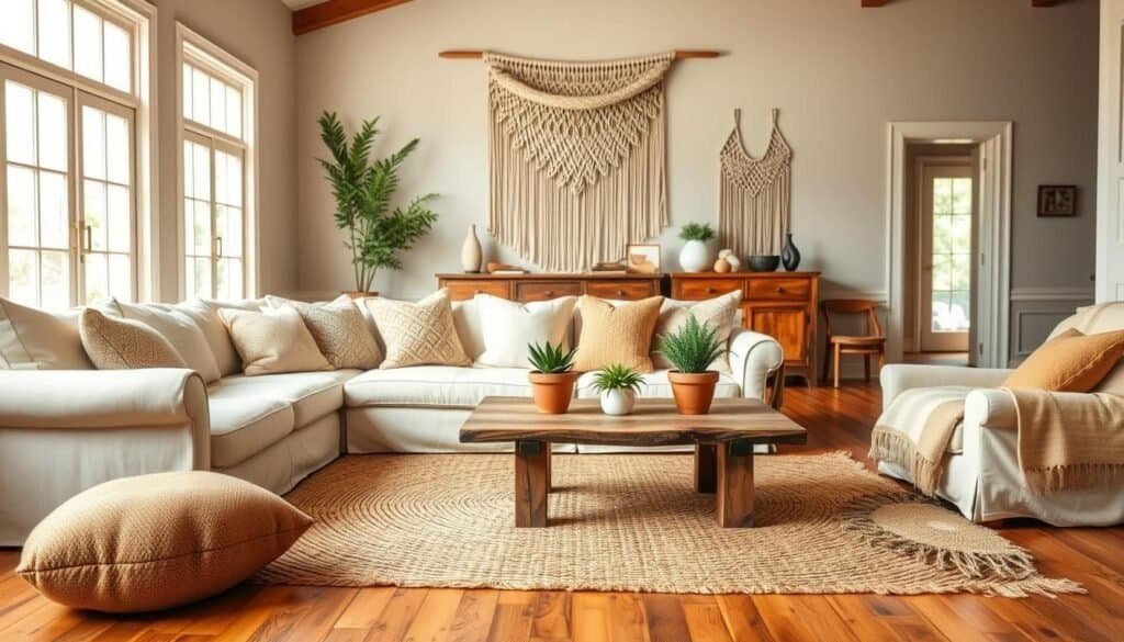 A cozy farmhouse boho living room, featuring a large, plush cream-colored sofa adorned with textured throw pillows and warm, earthy tones. In the foreground, a woven jute rug lies on hardwood flooring, with a rustic coffee table made of reclaimed wood. A few potted plants in terracotta pots add greenery. The middle of the room showcases a large vintage sideboard filled with books and decorative items, while an oversized macramé wall hanging adds a touch of bohemian flair. The background includes large windows allowing soft, natural light to flood the space, enhancing the airy feel. The mood is calm and inviting, perfect for relaxed living, all captured with warm lighting and a slight depth of field to emphasize the cozy, lived-in atmosphere. A cozy farmhouse boho living room, featuring a large, plush cream-colored sofa adorned with textured throw pillows and warm, earthy tones. In the foreground, a woven jute rug lies on hardwood flooring, with a rustic coffee table made of reclaimed wood. A few potted plants in terracotta pots add greenery. The middle of the room showcases a large vintage sideboard filled with books and decorative items, while an oversized macramé wall hanging adds a touch of bohemian flair. The background includes large windows allowing soft, natural light to flood the space, enhancing the airy feel. The mood is calm and inviting, perfect for relaxed living, all captured with warm lighting and a slight depth of field to emphasize the cozy, lived-in atmosphere.