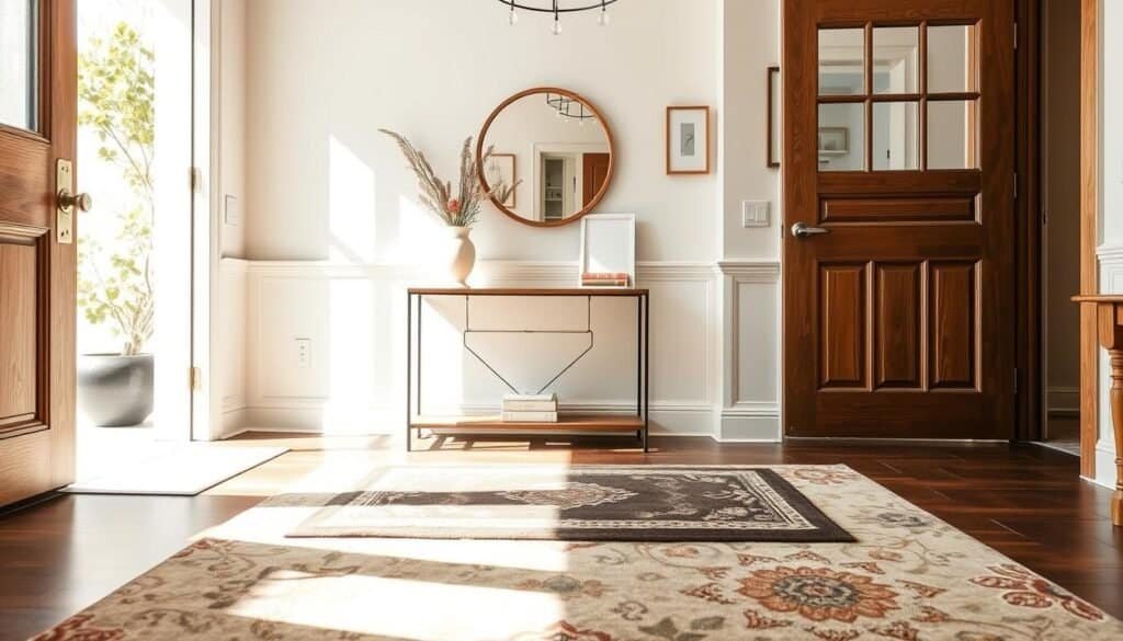 A cozy foyer design featuring a beautifully patterned area rug that adds warmth and texture to the space. In the foreground, a welcoming entrance mat is placed in front of a wooden door. The middle layer shows a stylish console table adorned with a vase of fresh flowers and a small framed mirror above it, reflecting soft sunlight streaming in from a nearby window. The background includes light-colored walls with subtle wall art, enhancing the airy atmosphere. The scene is bathed in bright natural light, creating a serene and inviting mood. Capture this image with a wide-angle lens to emphasize the spaciousness and comfort of the entryway, ensuring the space feels warm and welcoming.