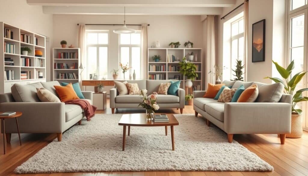A cozy gathering space in a bright, airy living room, showcasing a beautifully arranged layout with comfortable seating. In the foreground, a soft, textured area rug with a low coffee table adorned with a small vase of fresh flowers. In the middle, plush sofas and armchairs positioned to encourage conversation, draped with colorful throw pillows. Natural light pours in through large windows, casting a warm glow over the scene. In the background, well-organized bookshelves filled with books and personal decor items complement the space, while potted plants add a touch of greenery. The atmosphere is inviting and serene, perfect for fostering connection among family and friends, with a soft focus effect enhancing the tranquil mood.