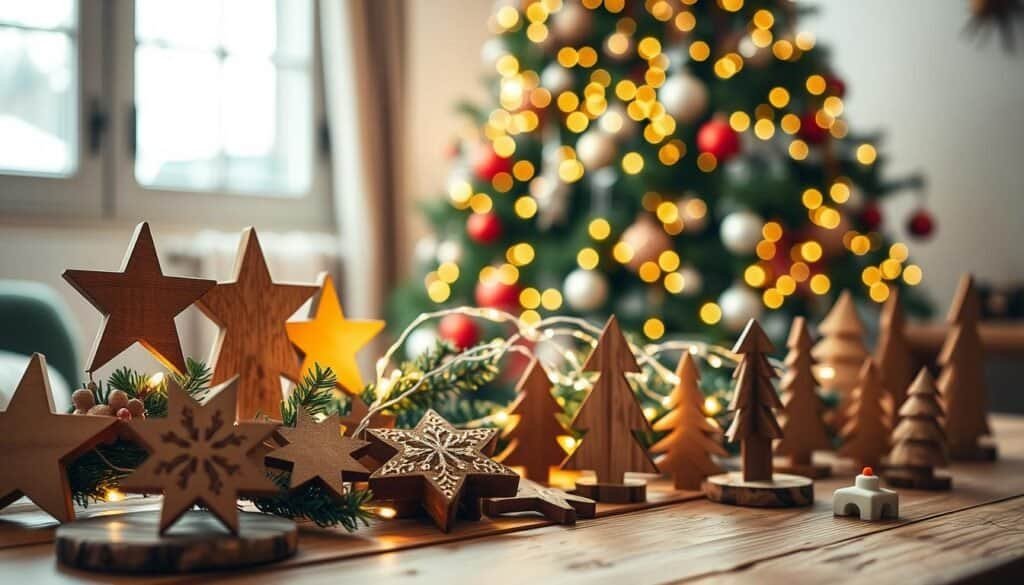 A cozy holiday scene showcasing an array of crafted wooden Christmas decorations. In the foreground, beautifully carved wooden ornaments shaped like stars, snowflakes, and Christmas trees are artistically arranged on a rustic wooden table. The middle ground features a softly glowing string of warm white fairy lights intertwined with greenery, enhancing the festive atmosphere. In the background, a softly blurred view of a decorated Christmas tree is visible with twinkling lights and ornaments, creating a warm and inviting ambiance. The lighting is bright and natural, streaming in through a nearby window, filling the space with a soft sunlight that casts gentle shadows. The overall mood is cheerful and festive, perfect for eliciting the joys of the holiday season.