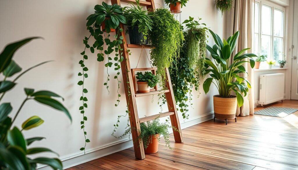 A cozy home interior showcasing a wooden ladder repurposed as a plant display, exuding warmth and natural beauty. The ladder leans against a light-colored wall, adorned with an array of lush, green plants in varied textures and sizes. The foreground features cascading vines and potted succulents resting on the ladder rungs, while a few trailing plants gracefully drape down. The middle ground includes a softly illuminated, rustic wooden floor that complements the ladder's wood grain. Bright, natural light streams in through a nearby window, casting gentle shadows and creating an airy atmosphere. The overall mood is serene and inviting, ideal for plant styling, highlighting the versatility of simple wood elements in home décor.