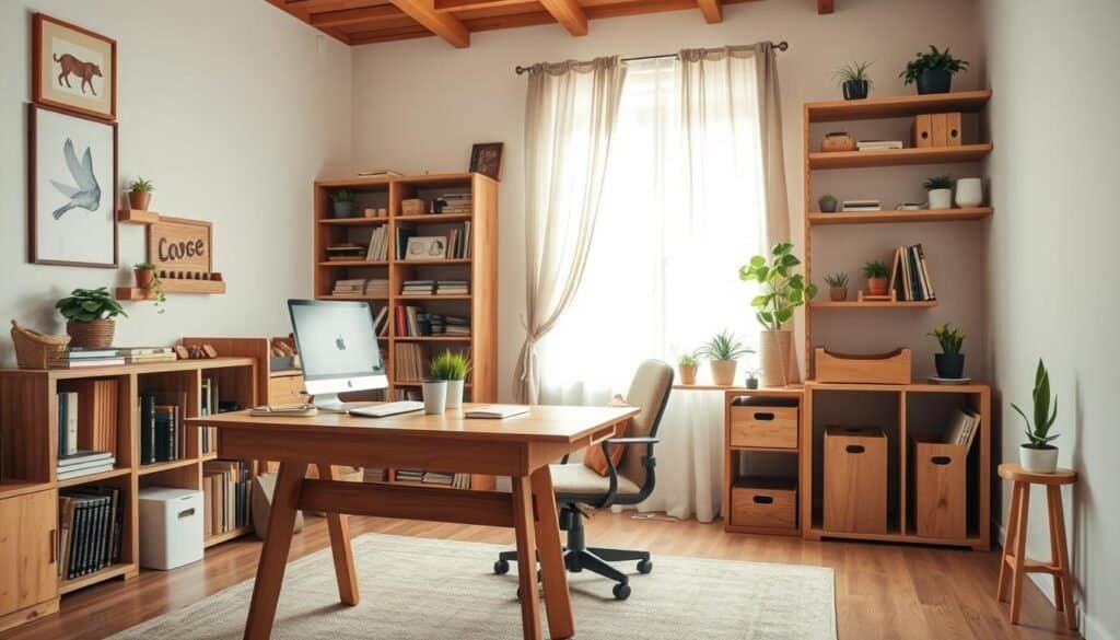 A cozy home office featuring practical woodworking projects. In the foreground, display a beautifully crafted wooden desk with an ergonomic design, adorned with neatly organized office supplies. To the side, showcase a hand-made bookshelf filled with books and decorative plants. In the middle, include a comfortable chair with a warm, inviting cushion. The background reveals a sunlit window with light filtering through sheer curtains, highlighting wooden shelving brimming with DIY wooden projects like a plant stand and file organizers. Set the scene in soft, natural light, creating a calm and productive atmosphere. Use a wide-angle lens to capture the entire workspace while maintaining a focus on the craftsmanship of the woodwork. The overall mood is serene and inspiring, perfect for a creative and efficient work environment.