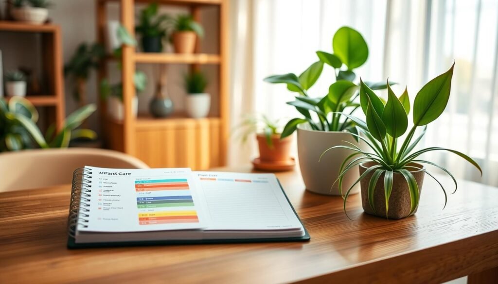 A cozy home office scene showcasing a simple plant care schedule. In the foreground, a beautifully organized wooden desk is adorned with a sleek, uncluttered planner open to a plant care section, featuring colorful icons for watering, fertilizing, and light exposure. To the side, a few potted plants, like a vibrant snake plant and delicate spider plant, add a touch of greenery. The middle ground features a softly blurred window letting in bright, natural light with sheer curtains, creating a warm and inviting atmosphere. In the background, subtle hints of wooden shelving display additional houseplants. The overall mood is relaxed and serene, with soft sunlight casting gentle shadows, evoking the ease of maintaining a natural, stylish plant care routine.