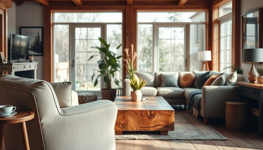A cozy, human-scaled living room featuring warm wooden accents and stylish furniture. In the foreground, a plush, oversized armchair in soft, neutral fabric, accompanied by a small wooden side table with a steaming cup of herbal tea. In the middle, a low coffee table made from reclaimed wood is surrounded by a comfortable, inviting sofa adorned with colorful throw pillows. A vibrant indoor plant sits in the corner, adding life to the space. In the background, large windows bathe the room in bright, soft sunlight, creating an airy atmosphere. The walls are adorned with art pieces that reflect natural elements, enhancing the grounded feel of the home. The scene conveys a sense of warmth, tranquility, and livability.