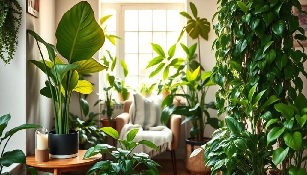 A cozy indoor corner filled with a variety of lush plants, including a tall leafy fiddle leaf fig and cascading pothos in stylish planters. In the foreground, a chic wooden side table showcases a small terrarium and a calming candle, while vibrant green leaves pop against a soft, neutral wall. The middle ground features a comfortable reading nook with a tasteful chair and a soft throw, inviting relaxation. In the background, natural light streams in through a large window, casting warm, soft shadows. The atmosphere is serene and uplifting, ideal for connecting spaces and enhancing well-being. The scene captures the essence of harmonious indoor plant design, inspiring creativity and tranquility in home decor.