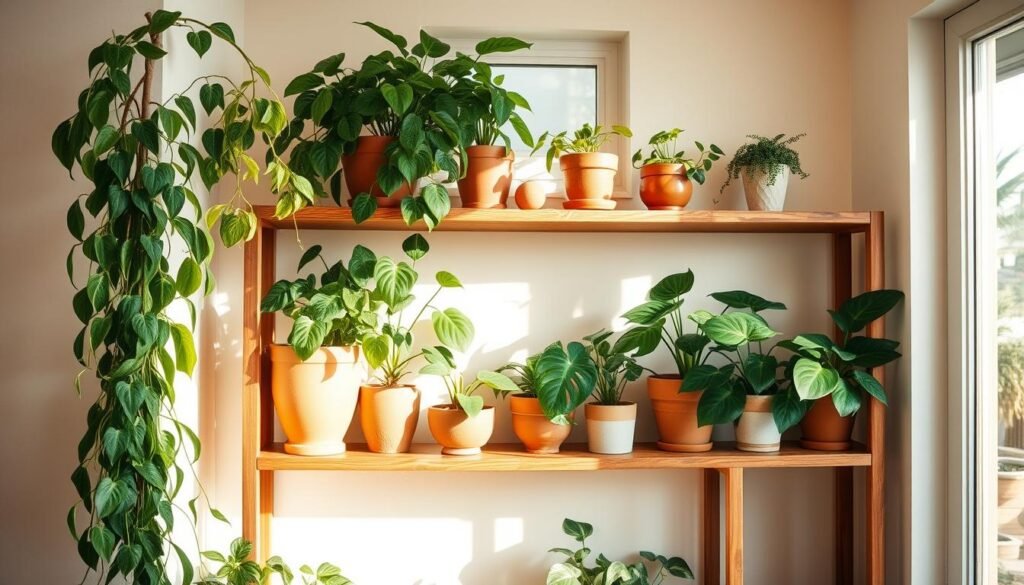 A cozy indoor corner showcasing a beautifully designed wooden plant shelving unit filled with a variety of indoor plants. In the foreground, a tall snake plant and a cascading pothos spill over the edge of a shelf, while a medium-sized fiddle leaf fig sits on a lower shelf. In the middle, the rustic wooden shelves have a warm finish, presenting a harmonious arrangement of terracotta pots and ceramic planters, each with lush green foliage. The background features soft, neutral-colored walls and a window allowing bright, natural light to flood the space, enhancing the vibrant colors of the plants. The sunlight creates warm shadows and highlights, contributing to a serene and inviting atmosphere, perfect for showcasing the beauty of indoor gardening.