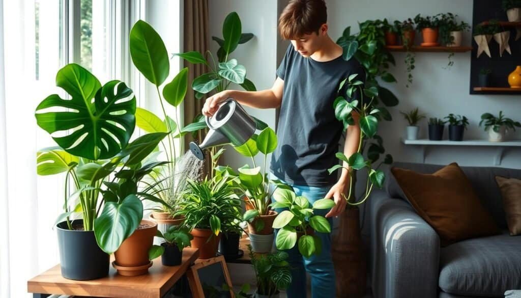 A cozy indoor plant care scene featuring a well-lit corner of a modern living room. The foreground showcases a variety of lush, vibrant indoor plants such as a fiddle leaf fig, snake plant, and pothos, arranged on a stylish wooden shelf. In the middle, a person in modest casual clothing is gently watering the plants, using a sleek, contemporary watering can, while surrounded by plant care tools like pruning shears and fertilizers. Soft, natural light filters through a large window, casting gentle shadows and highlighting the greenery. The background features tasteful home décor elements, such as a comfortable sofa and potted herbs on a windowsill, creating an inviting atmosphere that emphasizes the connection between plant care and a warm, humanized living space.