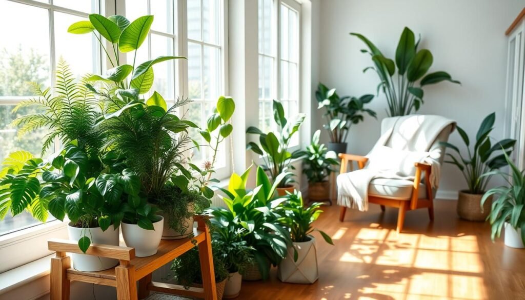 A cozy indoor plant corner designed for effortless styling, featuring a variety of lush green plants such as ferns, pothos, and snake plants. In the foreground, showcase a wooden plant stand that elevates a vibrant collection of potted plants. The middle ground includes a comfortable, stylish armchair draped with a soft, neutral throw, inviting relaxation. In the background, large windows allow bright, natural sunlight to filter in, casting gentle shadows on the warm wooden floor. The scene is airy and well-lit, exuding a calm, natural atmosphere. Capture the composition from a slight angle, enhancing depth, while ensuring the image conveys a sense of tranquility and ease in home décor.