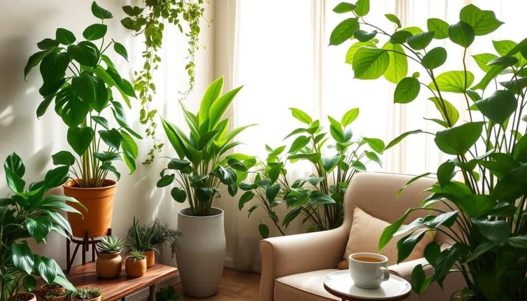 A cozy indoor plant corner featuring a harmonious blend of various lush green plants, including a tall fiddle leaf fig, trailing pothos, and a compact snake plant. In the foreground, a rustic wooden shelf displays small potted succulents and a decorative watering can. The middle ground showcases a comfortable, lightly upholstered armchair and a small side table with a steaming cup of herbal tea. The background reveals a sunlit window with sheer curtains, allowing soft sunlight to filter in, enhancing the organic feel. The overall ambiance is tranquil and refreshing, encouraging a sense of natural renewal and peace in the space. The scene is captured in a warm, inviting atmosphere without any people.