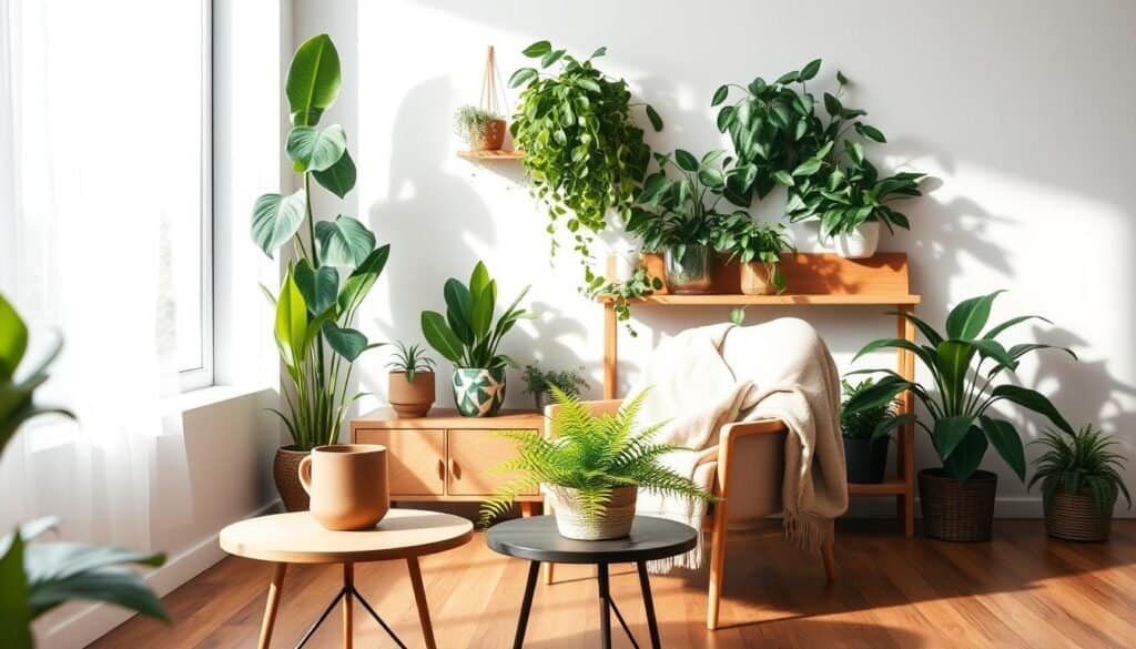A cozy indoor plant corner featuring a variety of lush houseplants, such as a tall fiddle leaf fig and cascading pothos, arranged on a stylish wooden shelf. In the foreground, a small round table holds a ceramic pot with a vibrant fern, complemented by natural wooden accents. The middle space showcases a comfortable, modern armchair draped with a soft throw blanket, enhancing the inviting atmosphere. In the background, a large window floods the area with bright, natural light, casting soft shadows on the hardwood floor. The overall mood is tranquil and refreshing, with an emphasis on creating a harmonious blend of nature and indoor living. The scene captures a warm, airy, and well-lit ambiance, perfect for showcasing creative display ideas for an indoor garden.