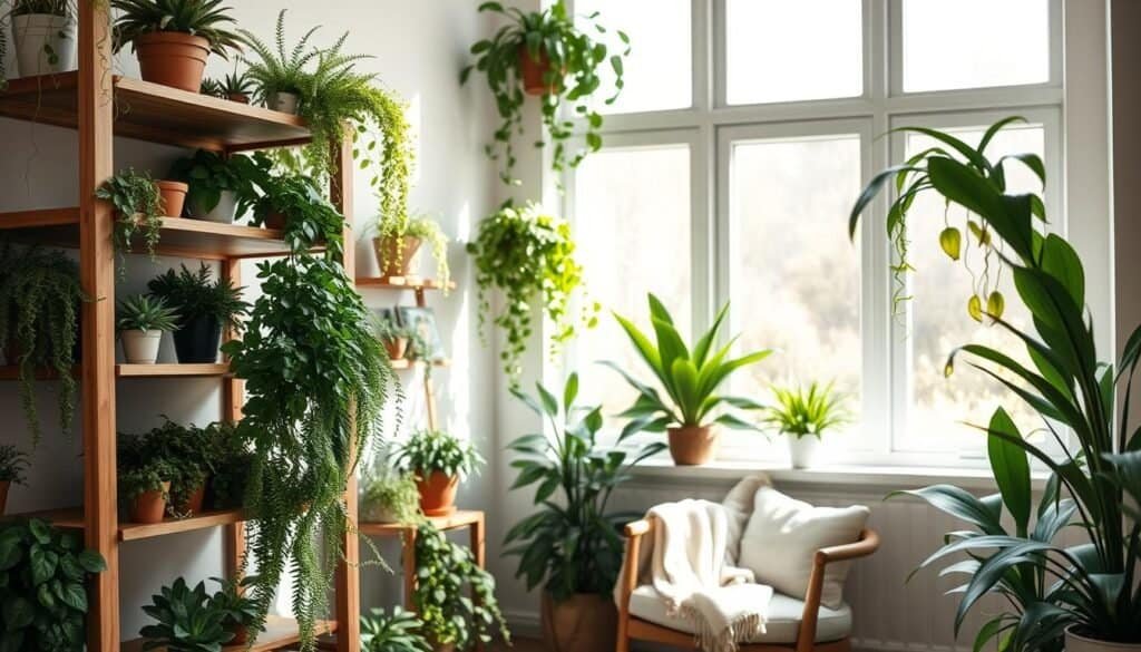 A cozy indoor plant corner featuring beautifully arranged wooden shelving filled with a variety of vibrant green plants, such as ferns, succulents, and trailing vines. In the foreground, a tall shelf with pots of varying shapes and sizes displays cascading foliage. The middle layer showcases a stylish accent chair alongside the shelves, decorated with a soft throw blanket, creating a tranquil seating area. In the background, a large window allows soft, natural sunlight to fill the space, adding warmth and enhancing the freshness of the plants. The room has a light and airy feel, with gentle shadows and sunbeams creating an inviting atmosphere. The focus is on a harmonious blend of nature and home décor, ideal for drawing attention and bringing life into the room.
