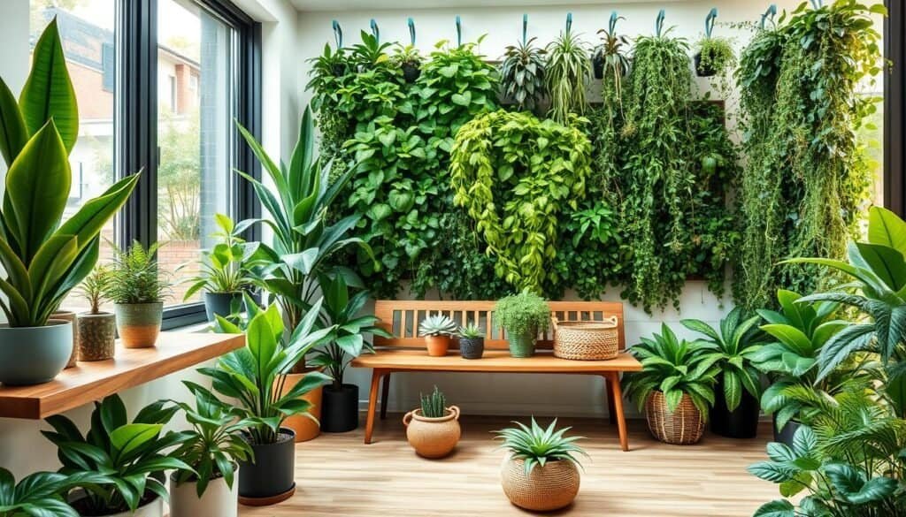 A cozy indoor plant corner filled with a variety of lush green plants in stylish pots. In the foreground, there's a tall, leafy snake plant next to a vibrant pothos cascading over a sleek wooden shelf. In the middle, an elegant wooden bench houses a collection of small succulents and cacti, while a woven basket filled with ferns sits beside it. The background features a stunning green wall made of vertical planters with diverse herbs and trailing vines, illuminated by soft, bright sunlight streaming through large windows. The atmosphere is tranquil and refreshing, evoking a sense of natural harmony and balance, with clean lines and earthy textures. Capture this scene using a wide-angle lens for a comprehensive view, enhancing the warm, inviting feel of the space.