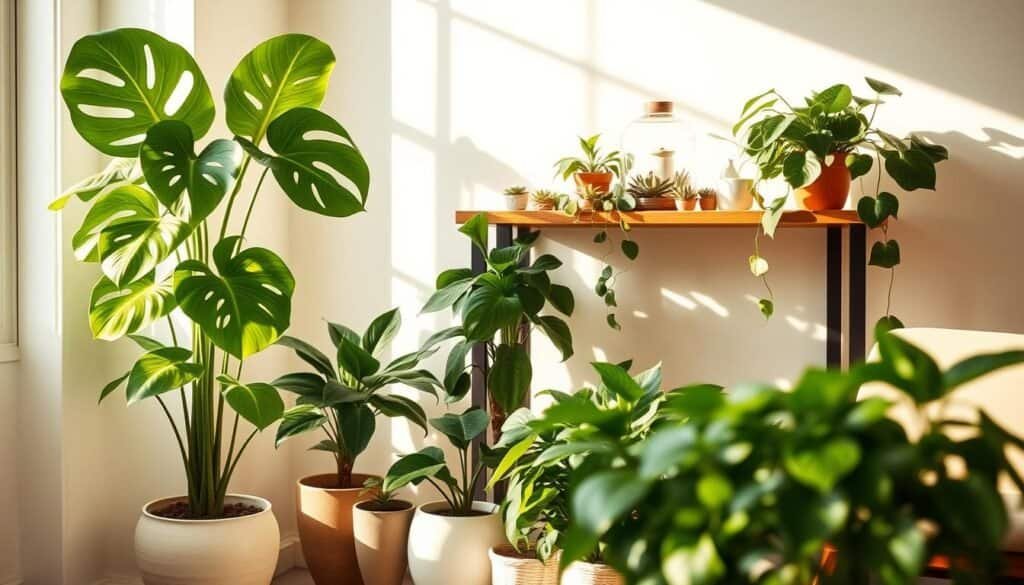 A cozy indoor plant corner in a modern living space, featuring a variety of lush green plants in stylish ceramic pots. In the foreground, a tall fiddle leaf fig and a cascading pothos create a vibrant focal point. The middle ground showcases a wooden shelf adorned with smaller succulents and a chic terrarium, blending elegance and nature. Soft sunlight streams through a nearby window, casting warm, inviting shadows and highlighting the textures of the leaves. In the background, a neutral-toned wall complements the greenery, while a comfortable armchair creates a welcoming atmosphere. The scene embodies a refreshing, revitalizing energy, ideal for transforming any low-energy space. The composition is captured from a slightly elevated angle, emphasizing the arrangement and the interplay of light, enhancing the overall warmth and serenity.