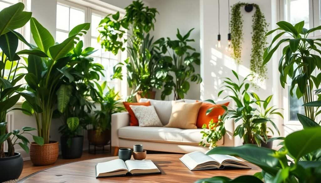 A cozy indoor room filled with a variety of lush, green plants, including tall fiddle leaf figs, cascading pothos, and vibrant snake plants. In the foreground, a stylish wooden coffee table adorned with a few small ceramic pots and a closed book. The middle ground features a comfortable, contemporary couch with soft, neutral tones, accompanied by colorful throw pillows that add warmth. Bright natural light spills through large, airy windows, illuminating the scene with soft sunlight, creating a welcoming atmosphere. In the background, a few elegant light fixtures enhance the room's ambiance, casting gentle shadows. The overall mood is refreshing and rejuvenating, emphasizing the transformative power of plants and lighting in a space.