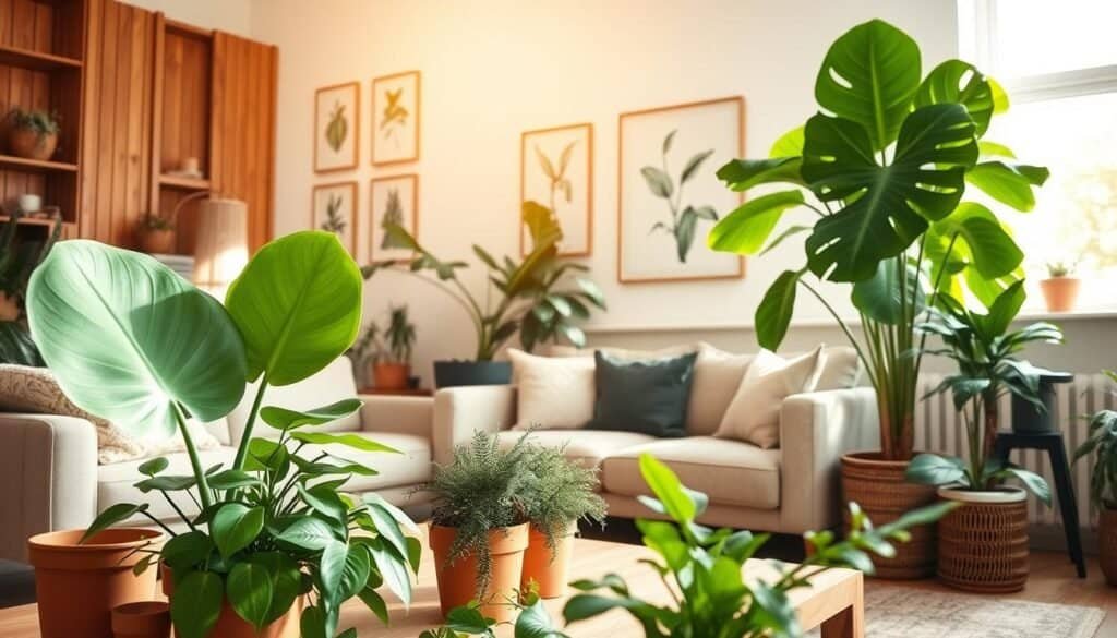 A cozy indoor scene featuring a variety of lush indoor plants arranged artfully in a well-lit living space. In the foreground, a vibrant monstera and a delicate spider plant are nestled on a wooden coffee table, surrounded by terracotta pots. The middle ground showcases a large, leafy fiddle leaf fig standing tall beside a comfortable, stylish sofa, bathed in soft, warm sunlight streaming from a large window. In the background, a wall adorned with wood accents and framed botanical prints adds depth to the ambiance. The atmosphere is serene and inviting, with an emphasis on the harmonious blend of nature and modern living. The image is captured with a wide-angle lens, creating a bright, airy feel throughout the scene.