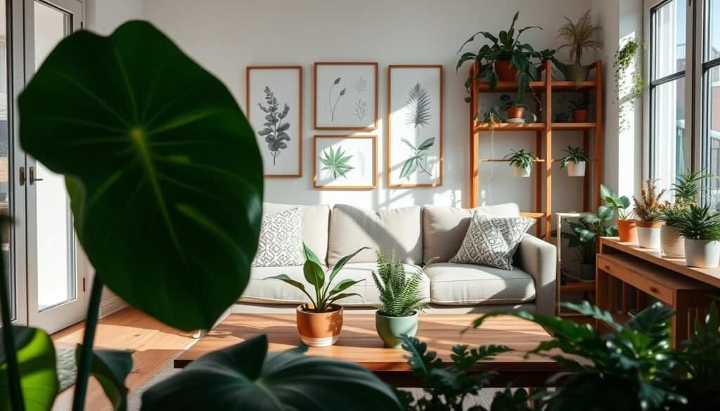 A cozy indoor scene featuring a variety of lush indoor plants placed strategically around a bright, airy living room. In the foreground, a large, vibrant monstera leaf reflects sunlight, while a small potted snake plant sits on a wooden coffee table. In the middle section, a stylish mid-century sofa adorned with textured cushions faces a wall adorned with botanical prints. Natural light streams through large windows, casting soft shadows and creating a warm atmosphere. In the background, a wooden shelf displays an array of colorful ceramic pots filled with ferns and succulents. The mood is tranquil and inviting, emphasizing the emotional and aesthetic benefits of having plants in a home. The image captures a sense of harmony and connection to nature.