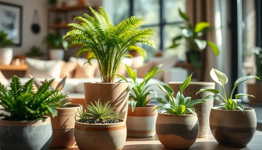 A cozy indoor scene featuring a variety of stylish pots for indoor plants. In the foreground, showcase diverse planters made from natural materials like clay and ceramic, each uniquely designed with textures and earthy colors. In the middle ground, include vibrant green plants—such as ferns, succulents, and peace lilies—nestled artfully within the pots, exuding freshness and vitality. The background features softly blurred elements of a well-lit living space, with soft sunlight filtering through a nearby window, casting gentle shadows. The atmosphere is serene and inviting, encouraging a sense of balance and tranquility. Capture the essence of natural elegance with a focus on clarity and warmth, using a wide-angle lens to emphasize the composition. No text or branding elements should be present in the image.
