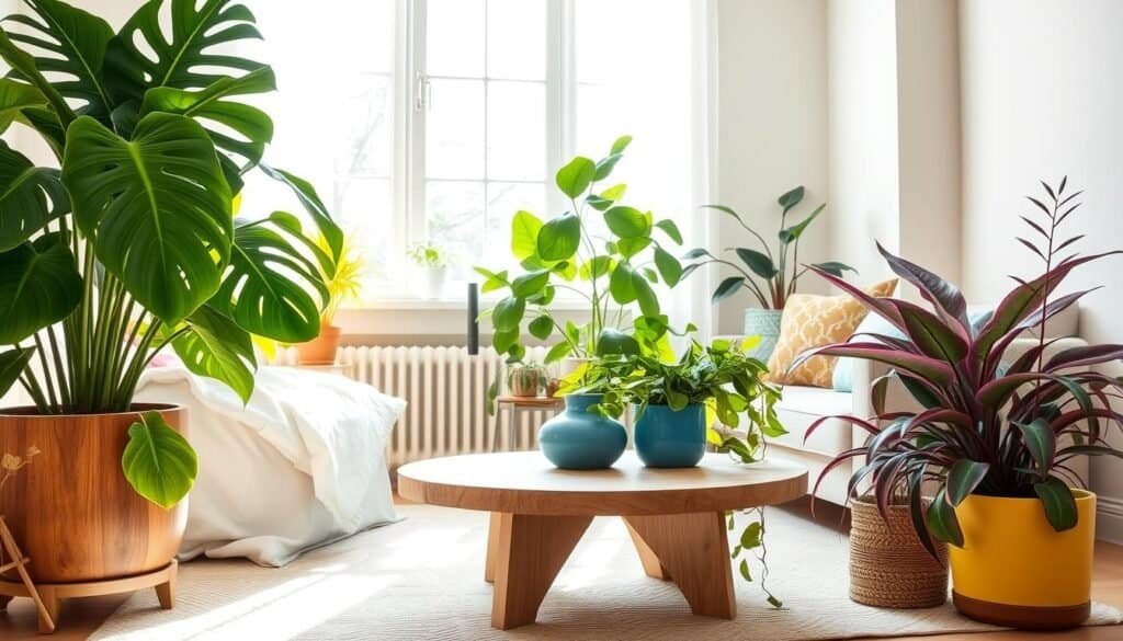 A cozy indoor scene showcasing an array of vibrant houseplants that exemplify color psychology. In the foreground, a lush green monstera with large leaves spills over a stylish wooden pot. To the side, a cheerful yellow pothos brightens the space, while a calming lavender snake plant contrasts with its vertical form. The middle of the composition features a light, rustic coffee table adorned with a small blue ceramic vase, accentuating the hues of the plants. In the background, soft sunlight streams through a large window, creating a warm, inviting atmosphere. The walls are painted in a soft, neutral tone, allowing the rich colors of the plants to pop. The overall mood is fresh and uplifting, symbolizing energy and rejuvenation within the home.