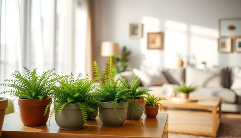 A cozy indoor setting featuring a collection of small potted plants arranged artfully on a wooden shelf. In the foreground, vibrant green ferns and succulents are nestled in ceramic pots, adding a touch of life and freshness. The middle ground reveals a well-lit living space, with soft sunlight filtering through sheer curtains, casting gentle shadows. The background showcases a tastefully decorated wall with subtle earthy tones, enhancing the calming atmosphere. The composition is balanced, emphasizing the importance of plants in achieving harmony in home décor. Capture this scene with a warm, inviting mood, using a wide-angle perspective to convey depth and tranquility, ensuring that the overall aesthetic feels natural and soothing.