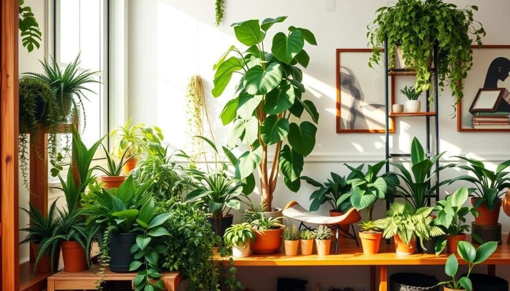 A cozy indoor setting featuring a series of stylish plant shelves. In the foreground, a wooden shelf brimming with a variety of lush green plants, including ferns, succulents, and hanging vines. The middle layer showcases a well-arranged corner with a tall potted fiddle leaf fig beside an inviting reading chair, bathed in soft sunlight streaming through a nearby window. In the background, a serene wall adorned with tasteful artwork complements the greenery, enhancing the tranquil atmosphere. The space is bright and airy, with warm natural light highlighting the textures of the plants and shelves. The overall mood conveys harmony and revitalization, ideal for enhancing energy flow in a room.