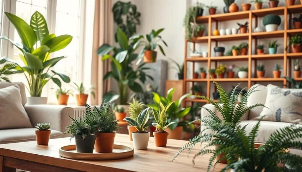 A cozy indoor setting featuring a variety of indoor plants displayed elegantly in a sunlit room. In the foreground, there are small potted succulents and lush ferns on a wooden coffee table, alongside a comfortable chair. The middle ground showcases taller plants like a trendy fiddle leaf fig and a hanging peace lily, positioned near a window that allows soft, natural light to flood the space. The background reveals warm wooden shelves adorned with an array of vibrant pots, creating a lived-in atmosphere. The scene is bathed in bright, airy light, emphasizing the tranquility and comfort of home, with a soft focus to evoke a peaceful ambiance. The overall mood is inviting and harmonious, perfect for illustrating the beauty of indoor greenery.