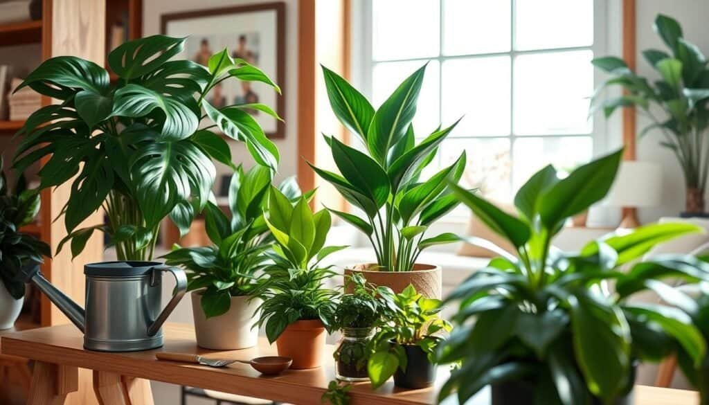 A cozy indoor setting featuring a variety of thriving houseplants, such as a monstera, snake plant, and peace lily, arranged on a stylish wooden shelf. In the foreground, a watering can and a small potting tool set emphasize plant care essentials. The middle ground showcases a soft, natural light filtering through a large window, casting gentle shadows that enhance the green hues of the plants. In the background, warm wood accents and neutral decor create a serene and inviting atmosphere, ideal for air purification. The scene is captured from a slightly elevated angle to showcase the vibrant foliage against a backdrop of tasteful home décor, conveying a sense of peace and vitality in an airy, well-lit environment.