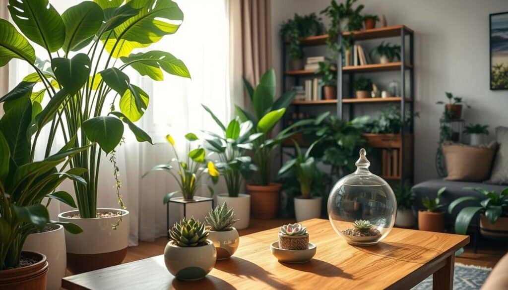 A cozy indoor setting featuring an array of lush, vibrant plants in various ceramic pots. In the foreground, a tall leafy monstera and a cascading pothos are positioned near a window, basking in soft, warm sunlight that filters through sheer curtains. The middle ground showcases a wooden coffee table adorned with small potted succulents and an elegant terrarium, highlighting the natural textures. In the background, a modern bookshelf is artfully decorated with more greenery, creating a harmonious blend of nature and home decor. The scene exudes a peaceful, rejuvenating atmosphere, encouraging a sense of calm and vitality, captured with bright, airy lighting and a shallow depth of field to focus on the plants.