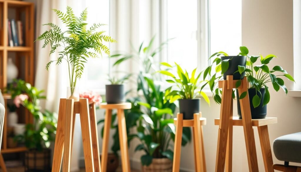 A cozy indoor setting featuring elegant wooden plant stands in various heights, showcasing lush green plants on each. In the foreground, a tall, slender stand supports a vibrant fern, while a shorter stand to the side holds a flowering pot. The middle ground reveals a grouping of stands made from light oak, their grains beautifully highlighted in bright natural light. The background is softly blurred to emphasize the greenery and wood texture, with a hint of warm sunlight streaming through a nearby window. The atmosphere is inviting and airy, perfect for a relaxed home environment. The scene is captured from a slight angle, enhancing depth and creating an overall serene composition.