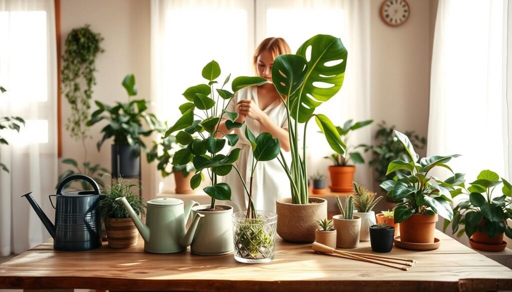 A cozy indoor setting showcasing various houseplants being cared for, with a rustic wooden table in the foreground displaying watering cans, pots, and plant care tools. In the middle, a person dressed in light, casual clothing gently tending to a vibrant pothos and fiddle leaf fig, emphasizing practicality and nurturing. The background features a sunlit window with sheer curtains, casting soft natural light that highlights the greenery and creates a warm, inviting atmosphere. The lighting should be bright yet soft, with shadows that enhance the serene mood of the space. Capture the essence of practical plant care in a homey, stylish environment, conveying a sense of calm and fulfillment for busy plant parents.