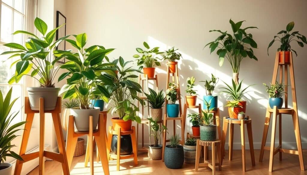 A cozy indoor space featuring a variety of stylish plant stands, showcasing a range of sustainable and creative designs. In the foreground, a sleek wooden plant stand displays vibrant potted plants, with sunlight filtering through a nearby window, illuminating their lush green leaves. The middle ground features an eclectic mix of plant stands made from natural materials like bamboo and reclaimed wood, each holding diverse species of houseplants in bright, colorful pots. In the background, soft pastel walls enhance the airy feel of the room, and a large window invites in warm, natural light. The overall mood conveys a serene and rejuvenating atmosphere, perfect for emphasizing a harmonious connection with nature indoors. The lighting is bright and inviting, suggesting a peaceful retreat for plant lovers.