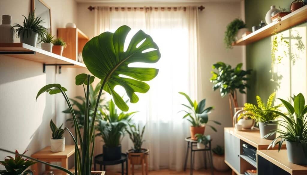 A cozy indoor space featuring an array of lush home plants elegantly arranged on wooden shelves and a stylish side table. In the foreground, a large leafy Monstera plant spirals upward, while smaller potted succulents and ferns add flair on the side. The middle ground includes a sunlit window with sheer curtains allowing soft, warm sunlight to filter in, casting gentle shadows. In the background, light wooden accents and a calming green wall enhance the serene atmosphere. The entire scene conveys a feeling of tranquility and vitality, promoting harmony and energy in the space. Use a warm color palette for an inviting and rejuvenating mood, captured from an eye-level angle to give an immersive perspective.