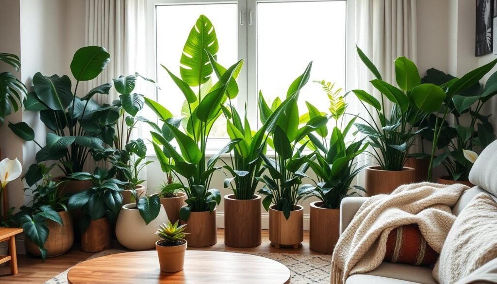 A cozy indoor space filled with a variety of lush indoor plants, including monstera, snake plants, and peace lilies, arranged artfully in natural wooden planters. The foreground features a wooden coffee table with a small potted succulent and a soft, neutral-toned throw blanket draped across a plush chair. In the middle, tall leafy plants rise elegantly, bringing a sense of tranquility to the room. The background showcases a large window allowing bright, soft sunlight to stream in, illuminating the greenery and creating a warm, inviting atmosphere. The scene evokes calm and grounding feelings, emphasizing natural textures and harmonious colors in a serene home setting.