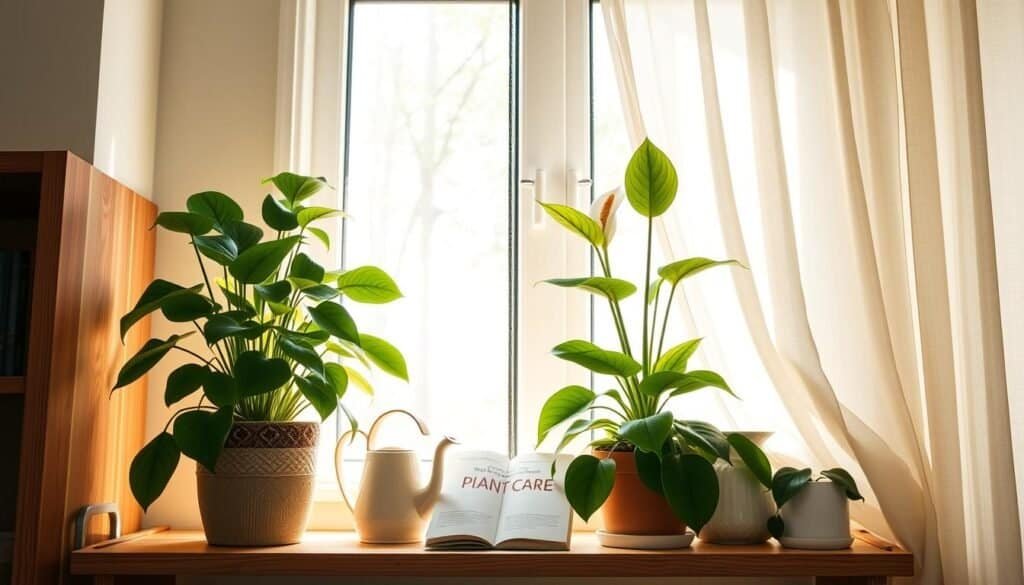 A cozy indoor space showcasing vibrant houseplants on a stylish wooden shelf, emphasizing essential care tips. In the foreground, a lush pothos and a blooming peace lily are thriving in decorative pots, with a soft watering can nearby. The middle ground features a bright window allowing warm, natural light to flood the room, illuminating a small booklet on plant care, hinting at tips for maintaining plant vibrancy. In the background, airy curtains sway gently, enhancing the light ambiance, while subtle wood grain textures create a warm, inviting atmosphere. The scene should evoke a sense of tranquility and positivity, highlighting the mood-lifting qualities of greenery in a beautifully curated home setting.