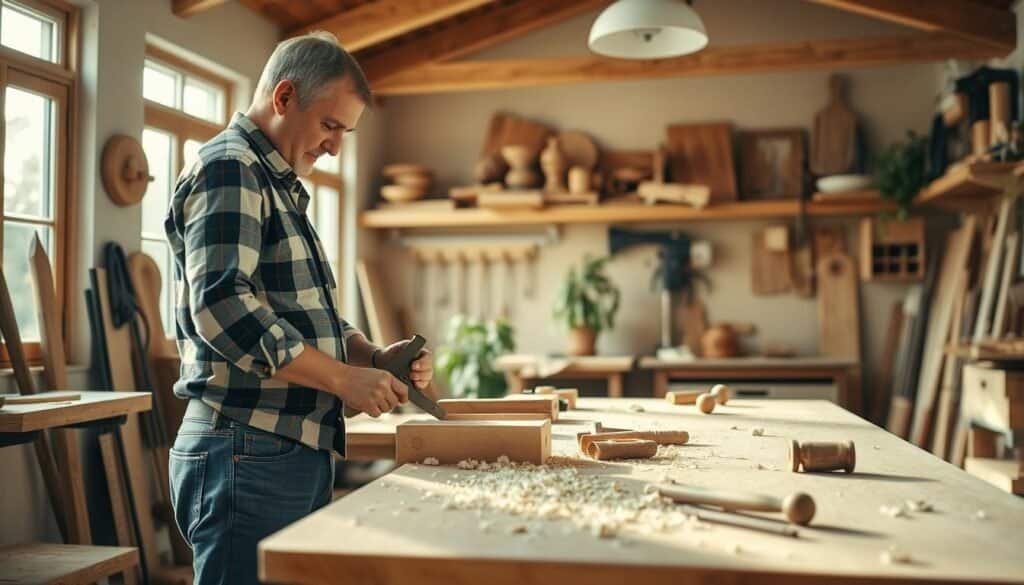 A cozy indoor woodworking workshop bathed in soft, natural light filtering through large windows. In the foreground, a middle-aged man in a plaid shirt and jeans is focused on shaping a wooden piece with a hand plane, surrounded by various tools and wood shavings scattered across a sturdy workbench. In the middle ground, shelves display neatly organized tools and finished wood projects, while a potted plant adds a touch of greenery. The background reveals a warm, inviting space with wooden beams and soft, earthy tones, enhancing a calm and productive atmosphere. The scene is captured with a slightly elevated angle, showcasing the depth of the space and highlighting the artisan's concentration, evoking a sense of peace and satisfaction in woodworking as the perfect weekend activity.