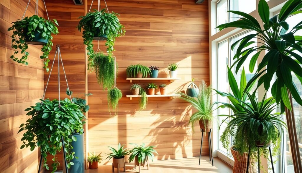 A cozy interior featuring a wooden accent wall crafted from rich, warm-toned planks. In the foreground, lush green plants in various sizes cascade from hanging planters and sit on stylish stands, adding life and texture. The middle section showcases the wooden wall adorned with small shelves holding an assortment of potted plants, ferns, and succulents. The background reveals a softly lit room with large windows allowing bright, natural light to flood in, casting gentle shadows. The atmosphere is calm and inviting, showcasing a blend of rustic charm and contemporary style. The focus is on creating a warm, airy feel, perfect for a home décor accent. Shot with a wide-angle lens to capture the full essence of the space, emphasizing the harmony between wood and nature.
