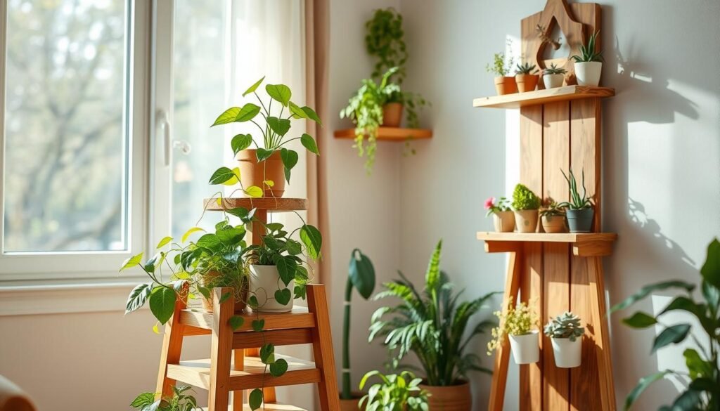 A cozy interior scene showcasing a variety of wooden plant display solutions specifically designed for small spaces. In the foreground, there's a beautiful, handcrafted wooden plant stand with multiple tiers, adorned with lush green plants, including pothos and succulents. The middle ground features a charming wooden shelf mounted on the wall, displaying small potted herbs and colorful flowers, enhancing the natural look. In the background, a soft window allows bright natural light to flood the space, creating a warm atmosphere. The overall composition is airy and well-lit, utilizing soft sunlight to highlight the textures of the wood and the vibrant colors of the plants. The scene conveys a tranquil and inviting mood, perfect for plant enthusiasts in limited living areas.