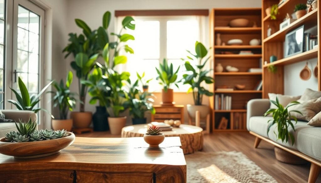 A cozy interior space featuring a mix of natural wood elements and lush greenery. In the foreground, a beautifully crafted wooden coffee table holds a decorative bowl of succulents and a small potted fern. The middle layer showcases tall indoor plants like a fiddle leaf fig and snake plant, strategically placed near a large window that lets in soft, ambient sunlight. In the background, warm wooden shelves display an assortment of books and decorative wooden items, creating a welcoming and lively atmosphere. The entire scene is bathed in bright, natural light, imparting a sense of serenity and vibrancy, inviting viewers to feel the warmth and life that wood and plants bring to a home.