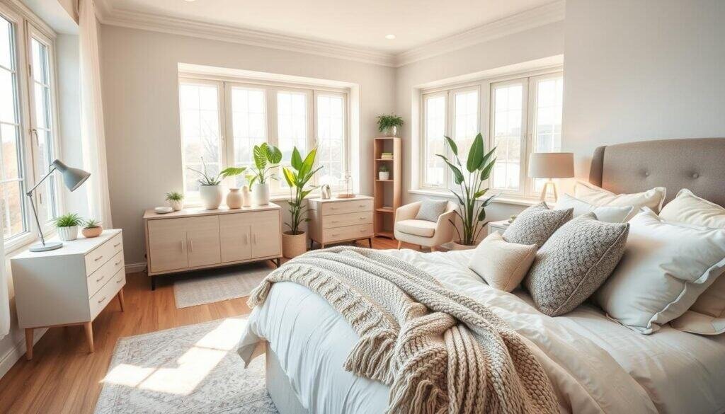 A cozy, inviting bedroom featuring a soft color palette of pale blues, warm creams, and gentle grays. In the foreground, a plush king-sized bed is adorned with layered bedding, fluffy pillows, and a chunky knit throw. To the side, a stylish nightstand holds a modern lamp emitting warm light. The middle ground showcases an elegant, minimalist dresser and a comfortable reading nook with a soft armchair and a small bookshelf. In the background, large windows allow bright, natural light to flood in, casting soft shadows and highlighting the airy atmosphere. The room is decorated with vibrant indoor plants, adding a touch of life. The mood is serene and welcoming, ideal for relaxation. High-quality, realistic image with soft sunlight, shot from a slightly elevated angle to capture the room's depth.