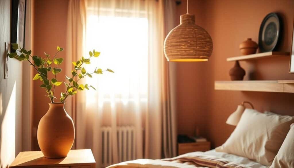 A cozy, inviting bedroom featuring terracotta decor elements. In the foreground, a beautifully crafted terracotta vase with fresh greenery sits atop a wooden bedside table. The middle ground showcases a soft, textured terracotta pendant lamp casting warm light, complemented by a rustic clay sculpture on a shelf. The background reveals a sun-drenched window with sheer curtains allowing soft sunlight to filter through, illuminating the room in a gentle glow. The walls are painted in earthy tones that harmonize with the terracotta features, creating a sense of warmth and tranquility. The overall atmosphere is serene and welcoming, evoking a modern take on ancient materials that enhances comfort and natural beauty.