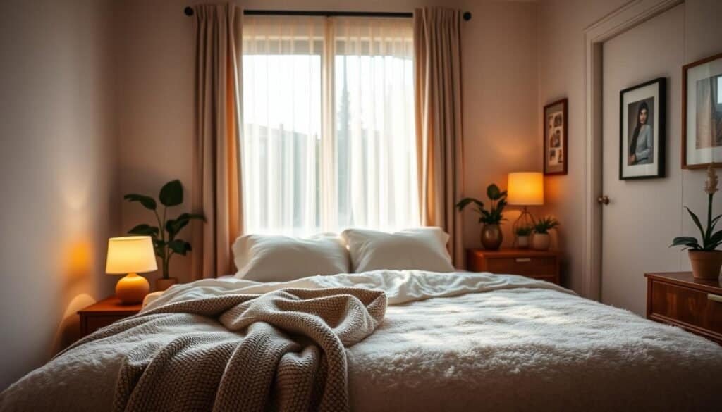 A cozy, inviting bedroom filled with warm atmosphere lighting. In the foreground, a soft, plush bed adorned with fluffy pillows and a textured throw blanket, inviting comfort. The middle features stylish wooden bedside tables holding softly glowing lamps, casting a warm, golden light. To the side, a large window draped with sheer curtains allows gentle, diffused sunlight to fill the space with a soft glow. In the background, subtle hints of houseplants and tasteful art on the walls enhance the serene ambiance. The overall mood is calm and welcoming, embodying a peaceful retreat. The lighting should evoke a soft, earthy tone, reminiscent of late afternoon sunshine, captured from a slightly elevated angle to emphasize the inviting details while maintaining a realistic home décor aesthetic.