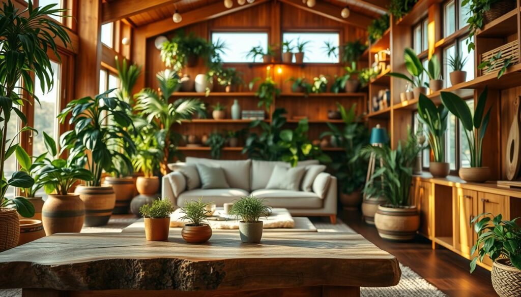 A cozy, inviting interior featuring warm wooden accents and an abundance of lush green plants. In the foreground, a rustic wooden coffee table with a few small potted plants, adorned with soft natural fabrics and a warm throw. The middle ground showcases a comfortable seating area with a plush sofa, surrounded by tall indoor plants that add a touch of vitality, all illuminated by soft, warm sunlight filtering through large windows. The background reveals wooden shelving lined with more plants and decorative wooden artifacts, contributing to a harmonious, nature-inspired ambiance. The lighting is bright yet soothing, creating an airy feel throughout. Emphasize textures of wood and greenery for a nurturing and warm atmosphere. No people are present in the scene.
