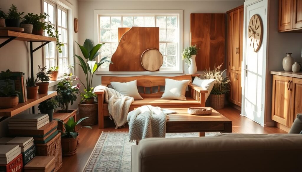 A cozy, inviting interior scene showcasing various DIY wood projects that enhance a home's warmth and comfort. In the foreground, there are rustic wooden shelves filled with plants and books, alongside a handmade wooden coffee table adorned with a soft throw blanket. The middle ground features a beautifully crafted wooden bench, adorned with plush cushions, perfect for relaxation. Light streams in through large windows, creating a warm and airy atmosphere, highlighting the natural wood grain and texture throughout the space. The background reveals a handmade wooden wall art piece and wooden cabinetry, all bathed in soft, natural sunlight. The overall mood is warm and welcoming, embodying the essence of a lived-in and comfortable home.