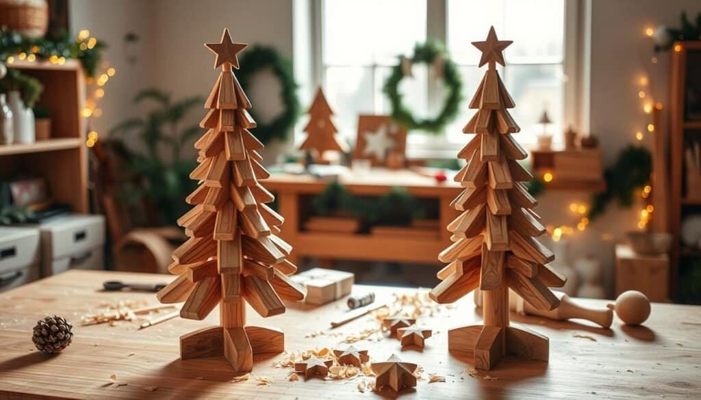 A cozy, inviting scene featuring a beautifully crafted wooden Christmas tree, standing at the forefront. The tree showcases intricate details, such as carved ornaments and a small wooden star on top, with a warm finish that highlights the wood grain. In the middle, a workbench is visible, scattered with tools, wood shavings, and a few handmade decorations, emphasizing the DIY aspect. The background features soft, natural lighting streaming through a large window, illuminating the space with a gentle glow. Greenery and twinkling fairy lights decorate the surroundings, enhancing the festive atmosphere. Overall, the mood is serene and mindful, promoting a sense of calm and creativity during the holiday season.