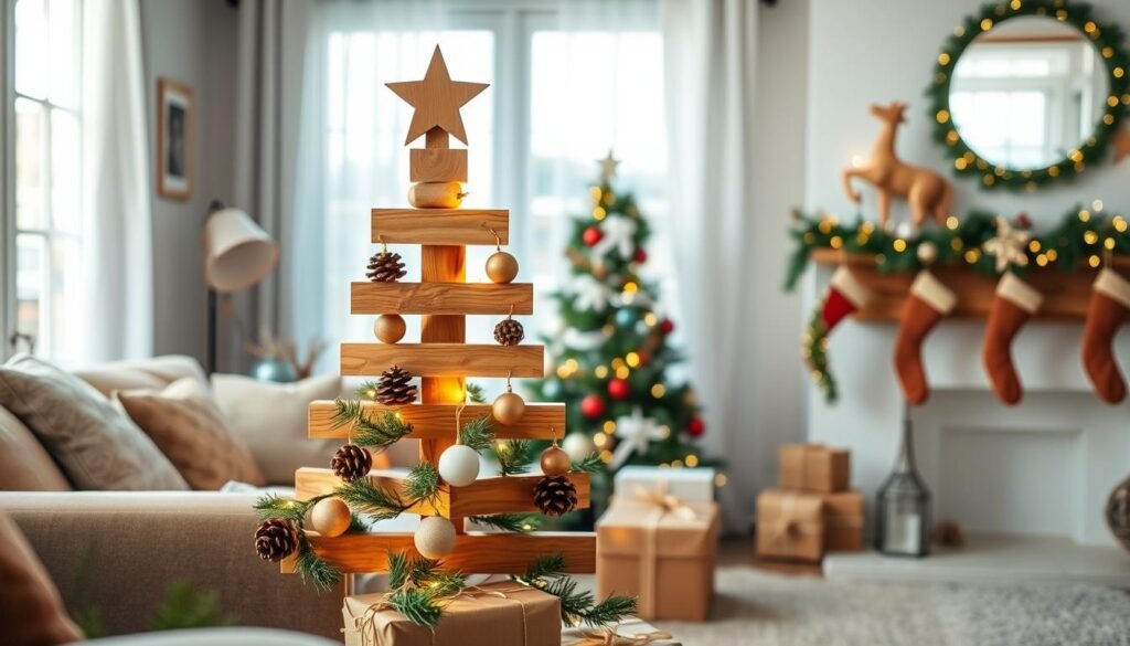 A cozy, inviting scene showcasing a beautifully crafted DIY wooden Christmas tree, set in a bright and airy living room. The tree is adorned with natural elements like pinecones, twinkling fairy lights, and handcrafted ornaments, showcasing its rustic charm. In the foreground, include a handmade wooden star at the top of the tree and a few wrapped gifts at the base. The middle ground features a soft, light-filled window with sheer curtains, allowing gentle sunlight to filter in, enhancing the warmth of the wood. In the background, simple holiday decorations complement the atmosphere, such as a garland draped over a mantle. The overall mood is festive and homey, encapsulating the spirit of the season in a well-lived-in space.