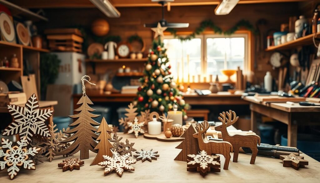 A cozy, inviting workshop filled with beautiful holiday-themed wooden creations. In the foreground, showcase intricately carved wooden ornaments, including snowflakes and reindeer, beautifully finished with natural wood stains. The middle ground features a wooden Christmas tree centerpiece adorned with eco-friendly decorations, surrounded by joyful DIY projects like handcrafted candles and festive garlands. In the background, soft natural light filters through a window, casting warm, gentle shadows across a workbench cluttered with tools. The atmosphere is serene and productive, evoking the spirit of crafting during the holiday season. Capture this scene with a slightly angled perspective to enhance depth, using bright, airy lighting to create a sense of warmth and creativity in the workspace.