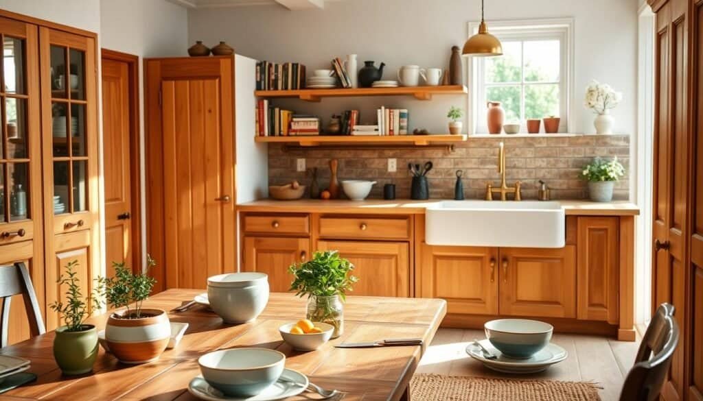 A cozy kitchen design featuring warm wooden cabinetry and a large farmhouse sink, accented with brass fixtures and colorful ceramic dishware. In the foreground, a rustic dining table set with simple yet elegant tableware, illuminated by soft, natural sunlight cascading through a nearby window. Fresh herbs in small pots and a bowl of seasonal fruits add vibrant touches. In the middle ground, open shelving displays neatly arranged cookbooks and vintage kitchen tools, while a soft, woven rug lies beneath. The background shows a light and airy layout, with greenery visible outside the window. This inviting space exudes warmth and connection, perfect for fostering togetherness. Bright, airy atmosphere with balanced natural light for a serene, welcoming feel.